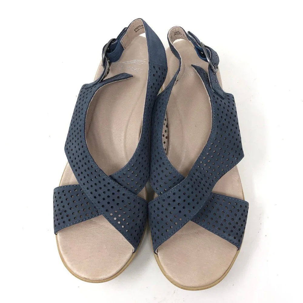 Dansko Womens 40 Jacinda Sandals Blue Perforated Leather Wedge Slingback